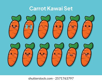  A collection of cute cartoon carrots arranged in two rows featuring simple, smiling faces in a kawaii style. Each carrot has a bright orange body and green leafy tops