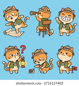 Una colección de lindos personajes de dibujos animados de gatos exploradores en varias poses y acciones, perfecto para libros infantiles o temas de aventuras.