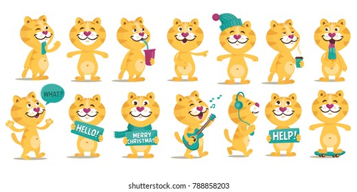 Collection of cute cartoon cat. Kitty Everyday Activities Set. Cat taking a selfie, social network communication