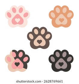 Collection of cute cartoon cat paw prints in various pastel and dark color palettes. 