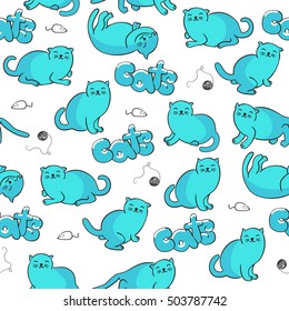 Collection of cute cartoon cats.Set of six funny kittens.Vector seamless pattern