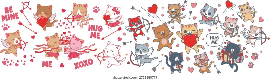 A collection of cute cartoon cats in various poses, some with cupid wings holding bows and arrows, others holding hearts or gifts. The illustration features text like 'BE MINE', 'HUG ME', and 'XOXO', with scattered hearts and paw prints.