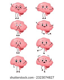 Collection cute cartoon character brain. Human organ central nervous system with different emotions. Happy, sad, crying, surprised, angry and delighted. Isolate vector illustrations