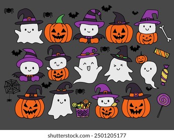 collection of cute cartoon character illustration design halloween theme suitable for holiday, sticker, decoration