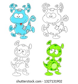 A collection of cute cartoon characters aliens. Funny aliens for coloring book. Funny aliens colored. For children's creativity. Vector isolated on white background. Hand drawing.