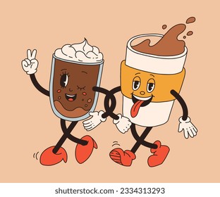 Collection cute cartoon characters of coffee takeaway and pastries donut, chocolate chip cookie, ice cream and cupcake. Vector illustration. Isolated desserts food and drink in retro nostalgic style