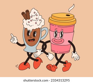 Collection cute cartoon characters of coffee takeaway and pastries donut, chocolate chip cookie, ice cream and cupcake. Vector illustration. Isolated desserts food and drink in retro nostalgic style