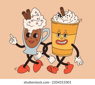 Collection cute cartoon characters of coffee takeaway and pastries donut, chocolate chip cookie, ice cream and cupcake. Vector illustration. Isolated desserts food and drink in retro nostalgic style