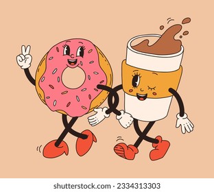 Kollektion süße Cartoon Charaktere von Kaffee-Abholung und Gebäck Donut, Schokoladenkekse, Eis und Kuchen. Vektorgrafik. Einzige Desserts Essen und Trinken im Retro-nostalgischen Stil