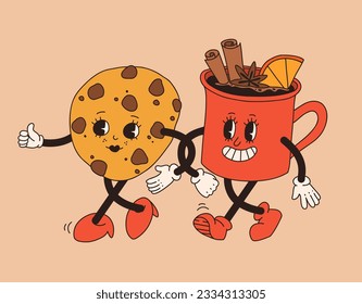 Colección adorable de personajes de dibujos animados de la toma de café y bollería donut, galleta de chocolate, helado y quequitos. Ilustración vectorial. Postres aislados comida y bebida en estilo retro nostálgico