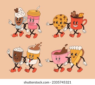 Collection cute cartoon characters of coffee takeaway and pastries donut, chocolate chip cookie, ice cream and cupcake. Vector illustration. Isolated desserts food and drink in retro nostalgic style