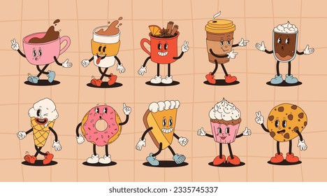 Collection cute cartoon characters of coffee takeaway and pastries donut, chocolate chip cookie, ice cream and cupcake. Vector illustration. Isolated desserts food and drink in retro nostalgic style