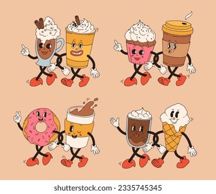Collection cute cartoon characters of coffee takeaway and pastries donut, chocolate chip cookie, ice cream and cupcake. Vector illustration. Isolated desserts food and drink in retro nostalgic style