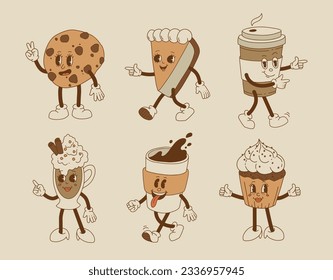Collection cute cartoon characters of coffee takeaway and pastries donut, chocolate chip cookie, ice cream and cupcake. Vector illustration. Isolated desserts food and drink in retro nostalgic style