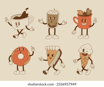 Collection cute cartoon characters of coffee takeaway and pastries donut, chocolate chip cookie, ice cream and cupcake. Vector illustration. Isolated desserts food and drink in retro nostalgic style