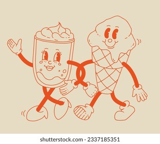 Colección adorable de personajes de dibujos animados de la toma de café y bollería donut, galleta de chocolate, helado y quequitos. Ilustración vectorial. Postres aislados comida y bebida en estilo retro nostálgico