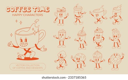 Collection cute cartoon characters of coffee takeaway and pastries donut, chocolate chip cookie, ice cream and cupcake. Vector illustration. Isolated desserts food and drink in retro nostalgic style