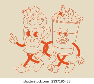 Collection cute cartoon characters of coffee takeaway and pastries donut, chocolate chip cookie, ice cream and cupcake. Vector illustration. Isolated desserts food and drink in retro nostalgic style