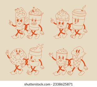 Colección adorable de personajes de dibujos animados de la toma de café y bollería donut, galleta de chocolate, helado y quequitos. Ilustración vectorial. Postres aislados comida y bebida en estilo retro nostálgico