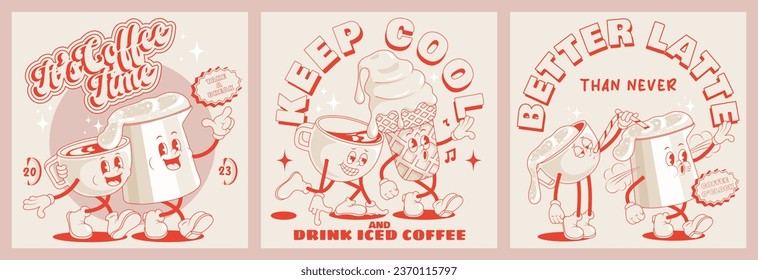 Collection cute cartoon characters of coffee, ice cream and milk foam. Vector illustration. Isolated desserts food and drink in retro nostalgic style