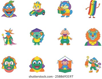 Collection of Cute Cartoon Characters Engaging in Various Activities
