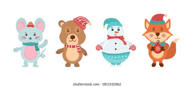 Collection of cute cartoon characters isolated on a white background. Set of cute christmas forest animals. Set of Christmas and New Year elements with animals. Vector illustration, eps 10.