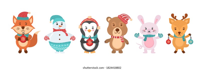 Collection of cute cartoon characters isolated on a white background. Set of cute christmas forest animals. Set of Christmas and New Year elements with animals. Vector illustration, eps 10.