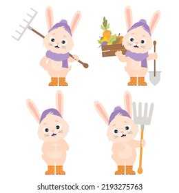 Colección de adorables personajes de dibujos animados de granjeros de conejo. Cañones felices con sombrero y botas de goma con rastrillo, horquilla de cocina y pala y caja de madera de cosecha de verduras. Ilustración del vector