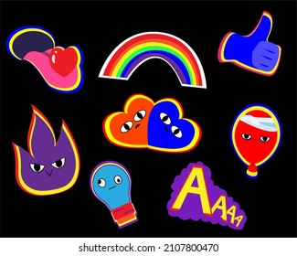 Collection of Cute Cartoon Characters Vector Design. Colorful Retro Patches