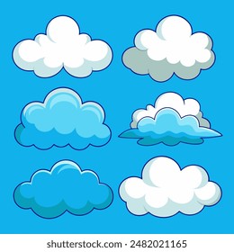 A collection of cute cartoon clouds against a blue sky background