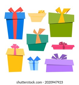 Collection of cute cartoon colorful gift boxes with bows. Vector illustration.	