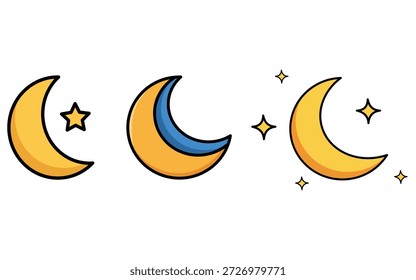 Collection of cute cartoon crescent moon icons with stars and sparkles on a white background. Perfect for night sky themes, dream illustrations, or celestial designs.