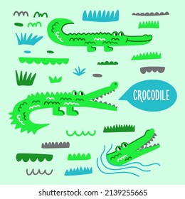 Collection of cute cartoon crocodiles in different poses and nature