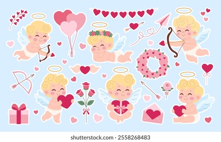 A collection of cute cartoon cupids characters with hearts and arrows. One of the characters is holding a rose