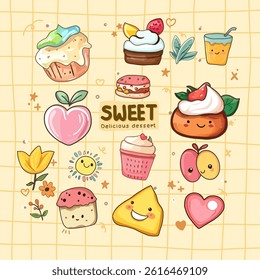 Collection of cute cartoon dessert and fruit illustrations on a light yellow grid background. Includes cupcakes, a donut, fruits, and a drink.