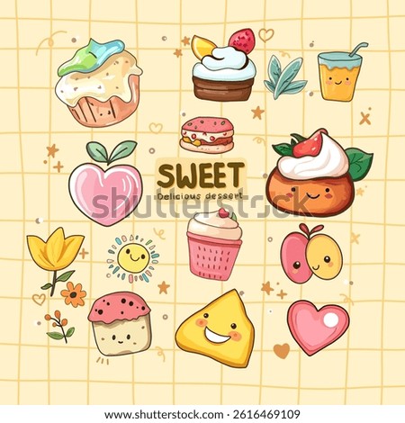 Collection of cute cartoon dessert and fruit illustrations on a light yellow grid background. Includes cupcakes, a donut, fruits, and a drink.