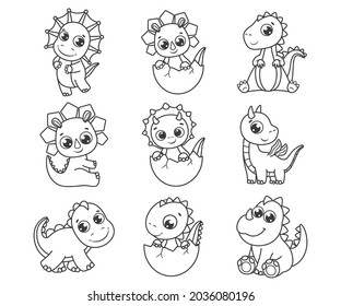 A collection of cute cartoon dinosaurs. Black and white vector illustration for a coloring book. Contour drawing.