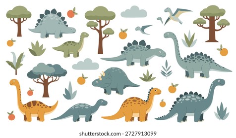 Colección de lindos dinosaurios de dibujos animados que incluyen stegosaurus y triceratops con plantas y árboles prehistóricos sobre un fondo blanco limpio.