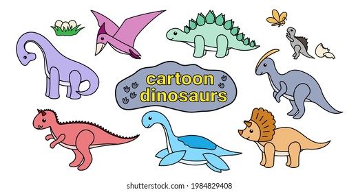 Collection of cute cartoon dinosaurs. Prehistoric animals. Vector characters for children's products.