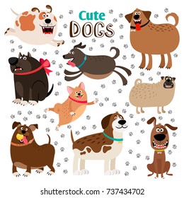 Collection of cute cartoon dogs and dogsfootprints on whote background. Vector illustration