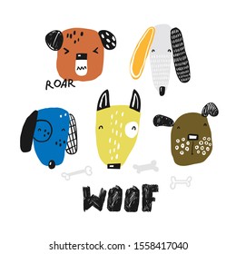 Collection of cute cartoon dogs. Vector illustration. Childish print. 