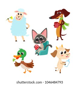 Collection of cute cartoon domestic animals with meal isolated on white. Vector illustration of eating animal character used for magazine, children book, poster and card.
