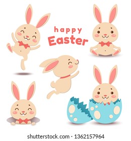 Collection of cute cartoon Easter bunnies and cracked egg. Vector illustration.