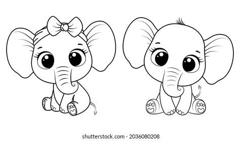 A collection of cute cartoon elephants. Black and white vector illustration for a coloring book. Contour drawing.