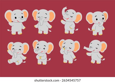 Collection of Cute Cartoon Elephants with Various Poses and Emotions