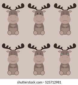 Collection of cute cartoon elks emotions icon. Flat animals emoticons set vector on beige background.