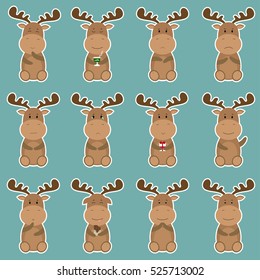 Collection of cute cartoon elks emotions icon. Flat animals emoticons set vector on blue background.