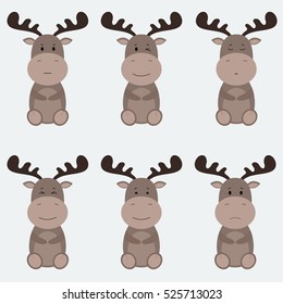 Collection of cute cartoon elks emotions icon. Flat animals emoticons set vector on grey background.