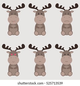 Collection of cute cartoon elks emotions icon. Flat animals emoticons set vector on grey background.