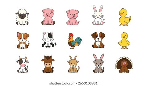 Collection of Cute Cartoon Farm Animals Including Sheep Pig Rabbit Duck Dog Cow Goat Turkey Rooster